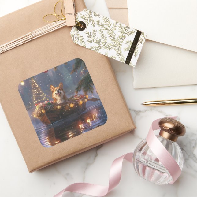Pegatina Cuadrada Navidades de Corgi Voyage festivo (Regalar)