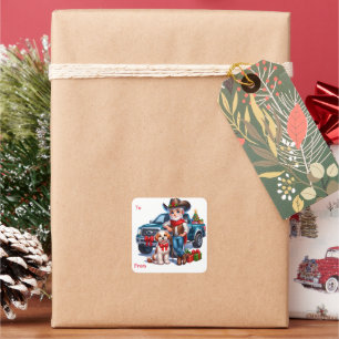 Pegatina Cuadrada Navidades de Cowboy Santa Truck y Perro