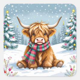 Pegatina Cuadrada Navidades de Cute Whimsical Highland Cow