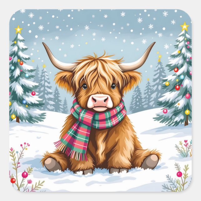 Pegatina Cuadrada Navidades de Cute Whimsical Highland Cow (Anverso)