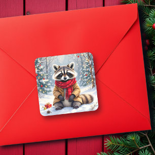Pegatina Cuadrada Navidades de Cute Whimsical Raccoon