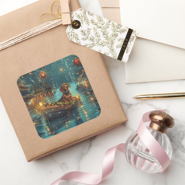 Pegatina Cuadrada Navidades de Dachshund en un viaje festivo (Regalar)