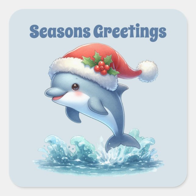 Pegatina Cuadrada Navidades de delfines de Seasons Greetings (Anverso)