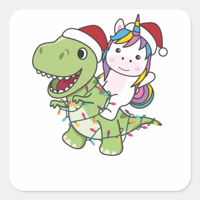 Pegatina Cuadrada Navidades de dinosaurios Unicorn Invierno T-Rex Di (Anverso)
