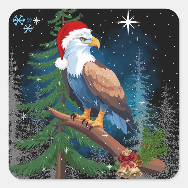 Pegatina Cuadrada Navidades de Eagle Wearing Santa Hat (Anverso)