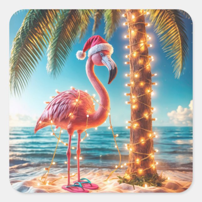 Pegatina Cuadrada Navidades De Flamingo Rosa En Luces Tangulares (Anverso)