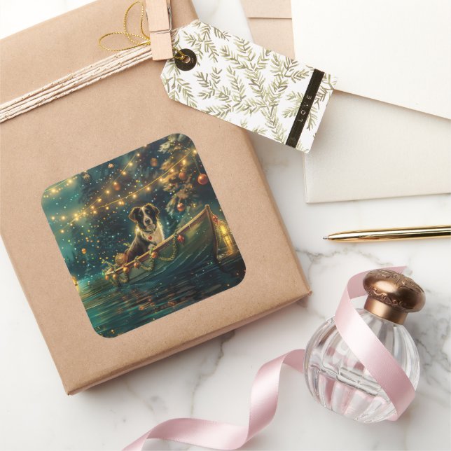 Pegatina Cuadrada Navidades de Frontera Collie Voyage festivo (Regalar)