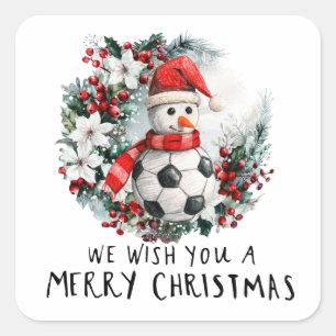 Pegatina Cuadrada Navidades de fútbol con hombre de nieve