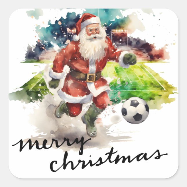 Pegatina Cuadrada Navidades de fútbol con Santa Claus jugando al bal (Anverso)