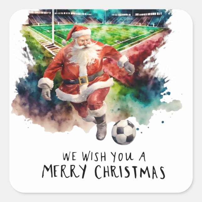 Pegatina Cuadrada Navidades de fútbol con Santa Claus jugando al bal (Anverso)