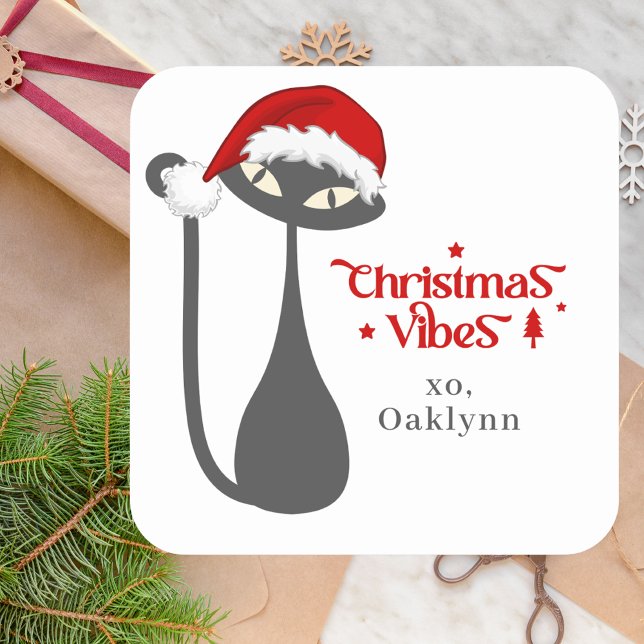 Pegatina Cuadrada Navidades de gato negro atómico y retro (Retro Atomic Cat Sticker)