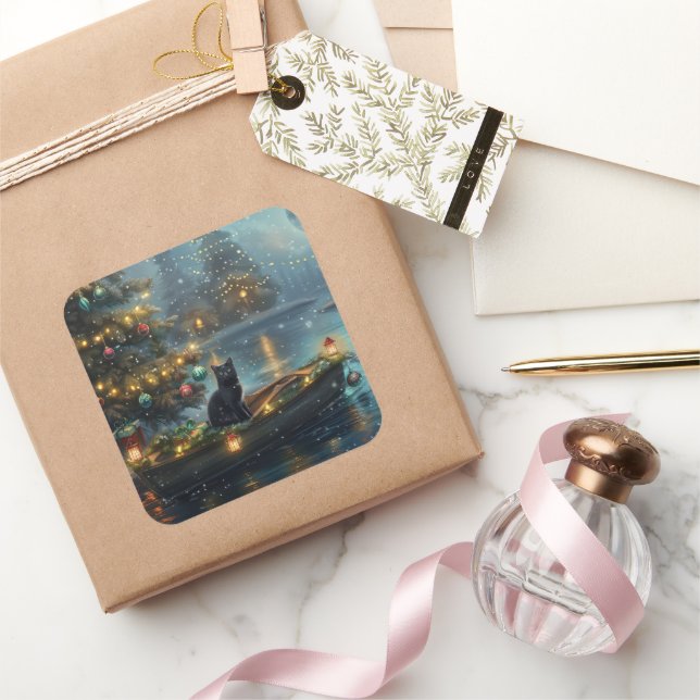 Pegatina Cuadrada Navidades de gato negro disfrutan de la fiesta (Regalar)