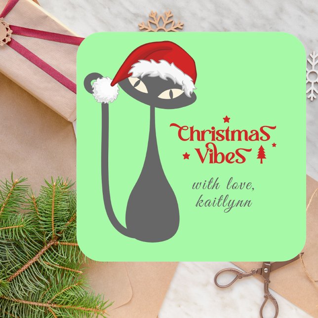 Pegatina Cuadrada Navidades de gato negro retro verde suave (Subido por el creador)