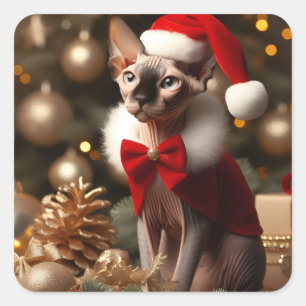Pegatina Cuadrada Navidades de gato personalizado Cute Sphynx Pegati