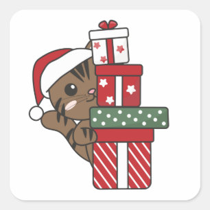 Pegatina Cuadrada Navidades de gato regalan animales de invierno gat