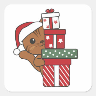 Pegatina Cuadrada Navidades de gato regalan animales de invierno gat