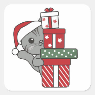 Pegatina Cuadrada Navidades de gato regalan animales de invierno gat