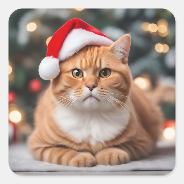 Pegatina Cuadrada Navidades de Ginger British Shorthair (Anverso)