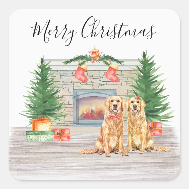 Pegatina Cuadrada Navidades de Golden Retriever Dog Lover (Anverso)