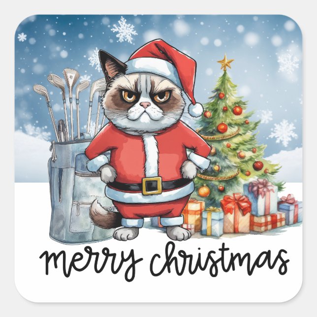 Pegatina Cuadrada Navidades de golf Cat Golfer (Anverso)