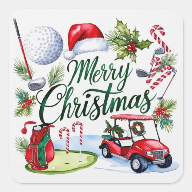Pegatina Cuadrada Navidades de golf con tema acuático Golfer Holiday (Anverso)