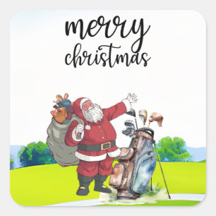 Pegatina Cuadrada Navidades de golf de vacaciones con Santa Claus