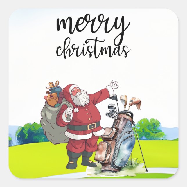 Pegatina Cuadrada Navidades de golf de vacaciones con Santa Claus (Anverso)