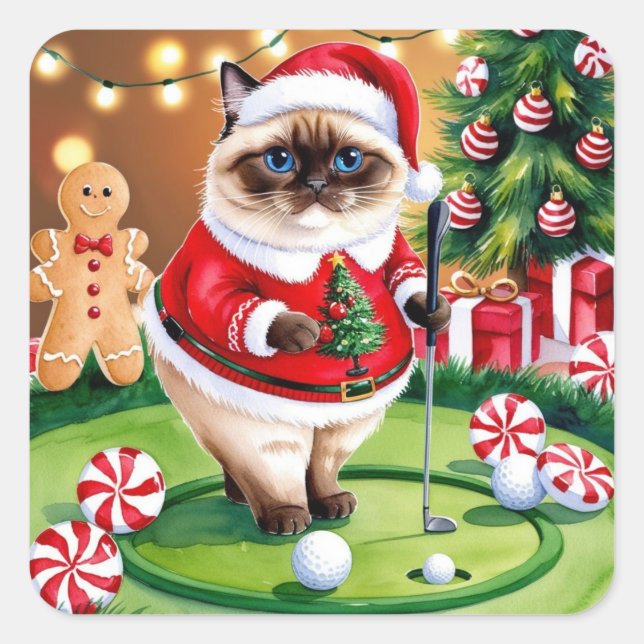 Pegatina Cuadrada Navidades de golf temáticos para Cat Lover Golfer (Anverso)