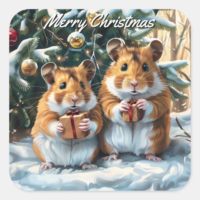 Pegatina Cuadrada Navidades De Hamsters Con Regalos (Anverso)