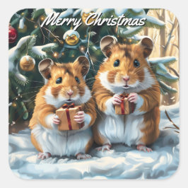 Pegatina Cuadrada Navidades De Hamsters Con Regalos
