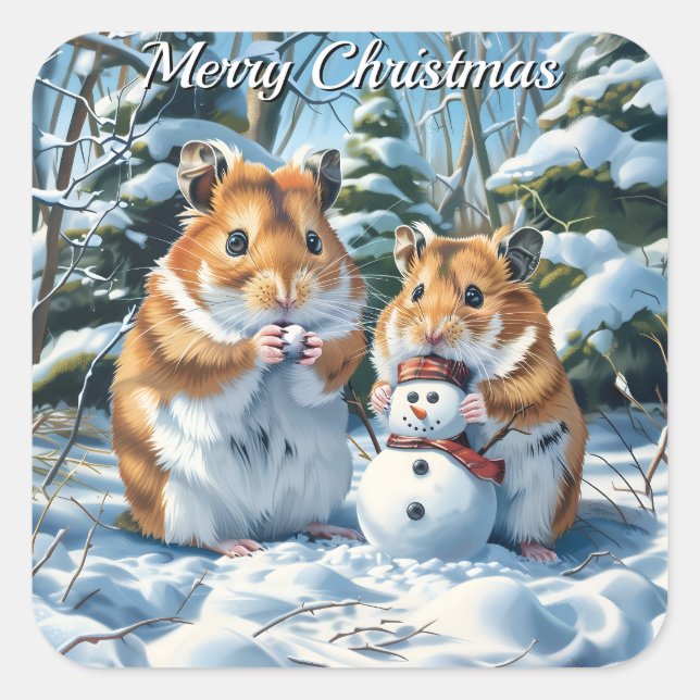 Pegatina Cuadrada Navidades de Hamsters y Snowman (Anverso)