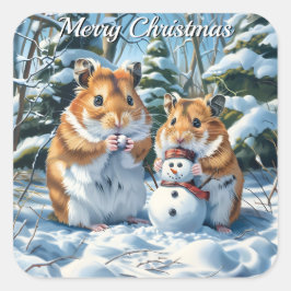 Pegatina Cuadrada Navidades de Hamsters y Snowman