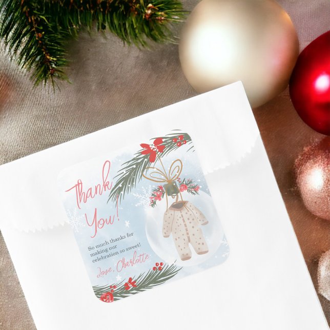 Pegatina Cuadrada Navidades de hielo de invierno con ducha de bebé (Winter snow ice Christmas baby shower Square Sticker)