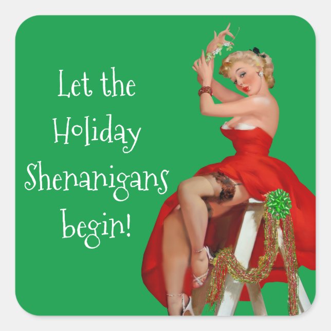 Pegatina Cuadrada Navidades de Holiday Shenanigans Retro Pinup (Anverso)