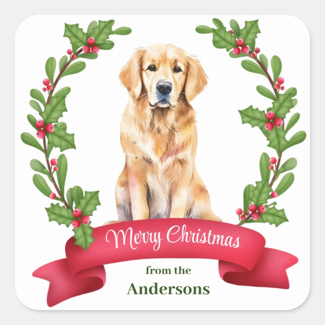 Pegatina Cuadrada Navidades de Holly Banner Golden Retriever (Anverso)