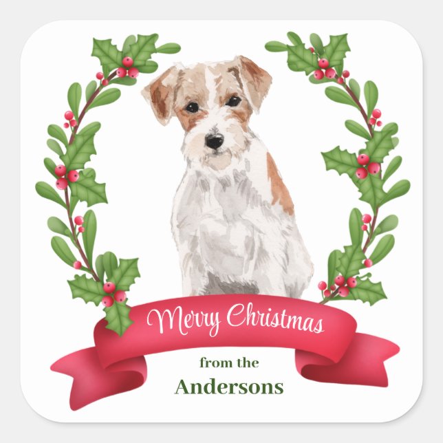 Pegatina Cuadrada Navidades de Holly Banner Jack Russell Terrier (Anverso)