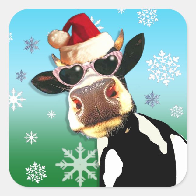 Pegatina Cuadrada Navidades de humor Cow Santa Hat (Anverso)