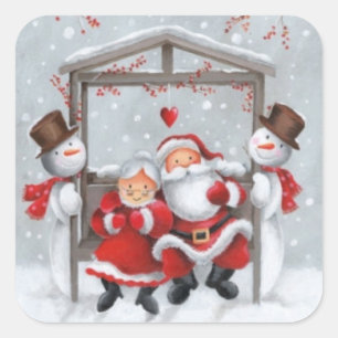 Pegatina Cuadrada Navidades de invierno de la época de Santa y Snowm