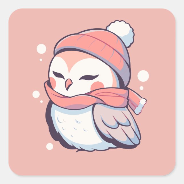 Pegatina Cuadrada Navidades de invierno rosado y adorables Owl Kawai (Anverso)