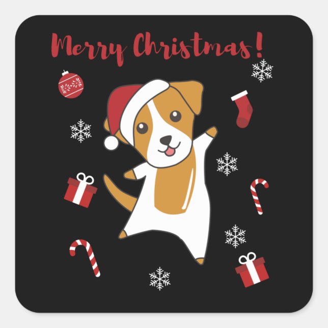 Pegatina Cuadrada Navidades de Jack Russel Perros de Animales de Inv (Anverso)