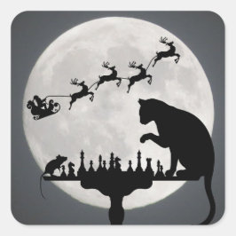 Pegatina Cuadrada Navidades de juego para gato y ratón sobre la luna