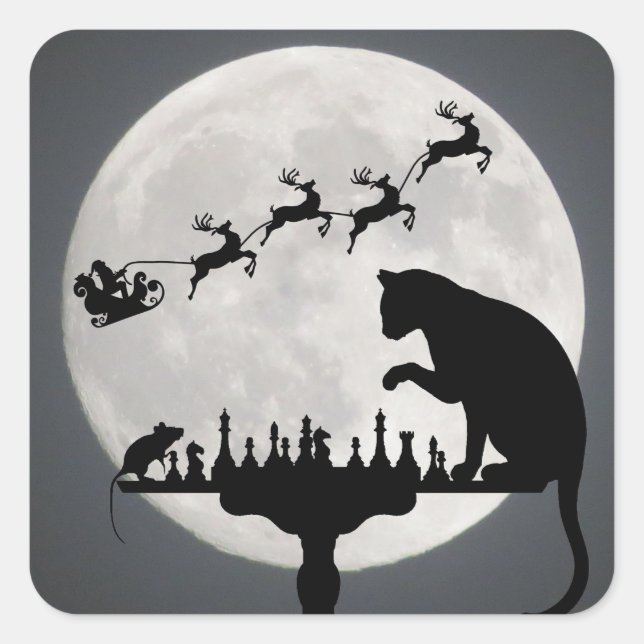 Pegatina Cuadrada Navidades de juego para gato y ratón sobre la luna (Anverso)
