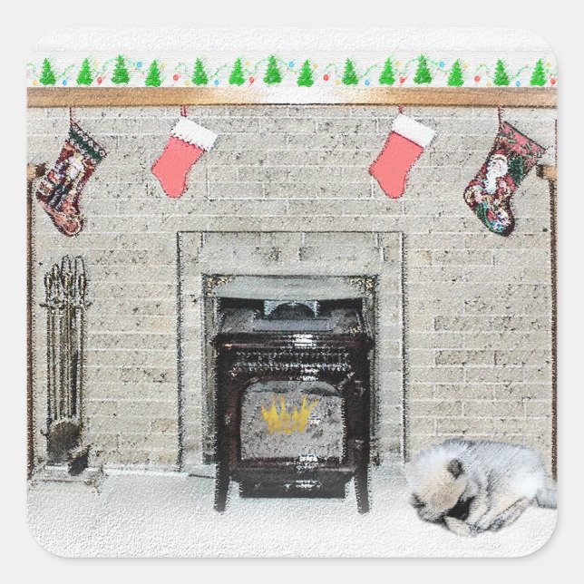 Pegatina Cuadrada Navidades de Keeshond picotean perro con pintura d (Anverso)