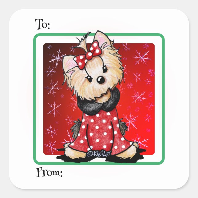 Pegatina Cuadrada Navidades de KiniArt Yorkie (Anverso)