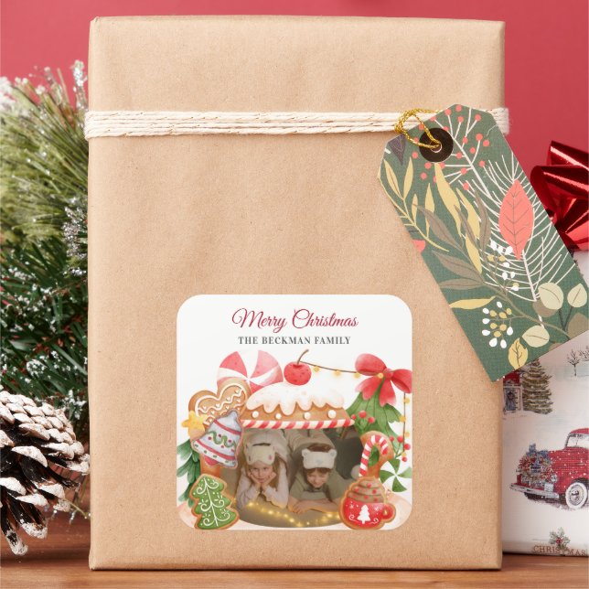 Pegatina Cuadrada Navidades de la Casa de Gingerbread personalizado (Vacaciones)