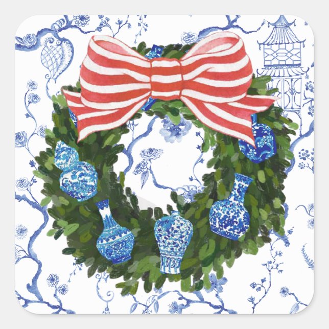 Pegatina Cuadrada Navidades de la Chinoiserie azul y blanco Wreath (Anverso)