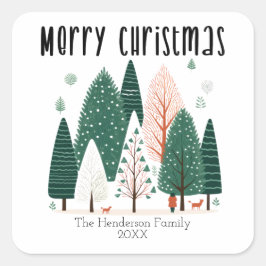 Pegatina Cuadrada Navidades de la familia Cute Winter Woodland Pine 