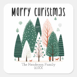 Pegatina Cuadrada Navidades de la familia Cute Winter Woodland Pine