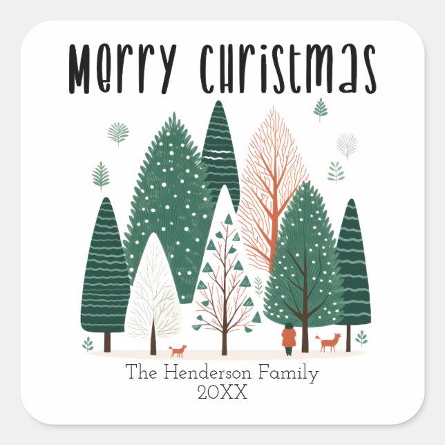 Pegatina Cuadrada Navidades de la familia Cute Winter Woodland Pine  (Anverso)