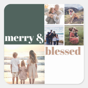 Pegatina Cuadrada Navidades de la familia Merry & Blessed Foto Verde